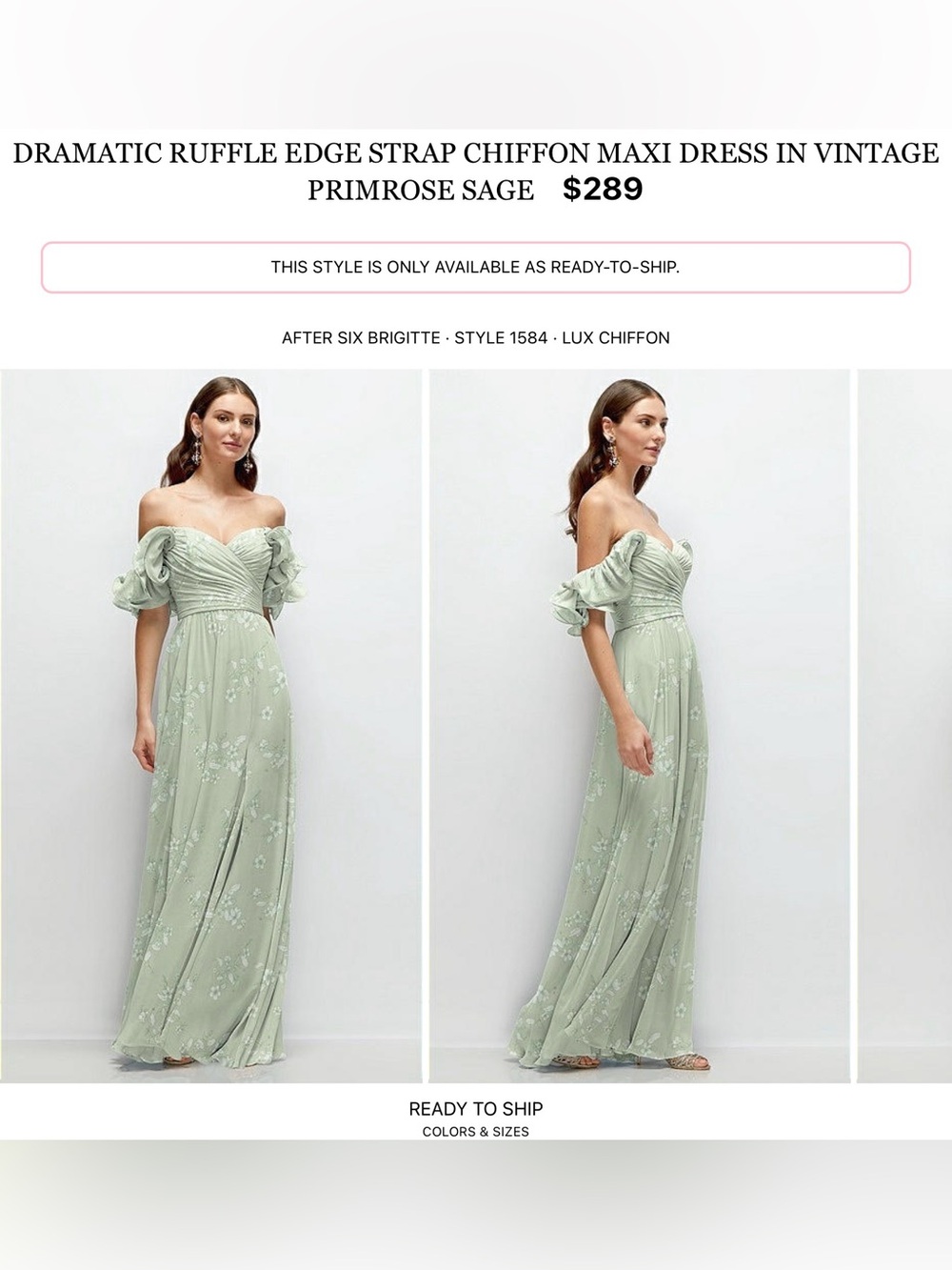 After Six Sage Off-Shoulder Ruffle Chiffon Maxi Dress